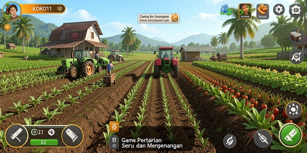 Tampilan gameplay KOKO11 dengan visualisasi pertanian yang menarik.