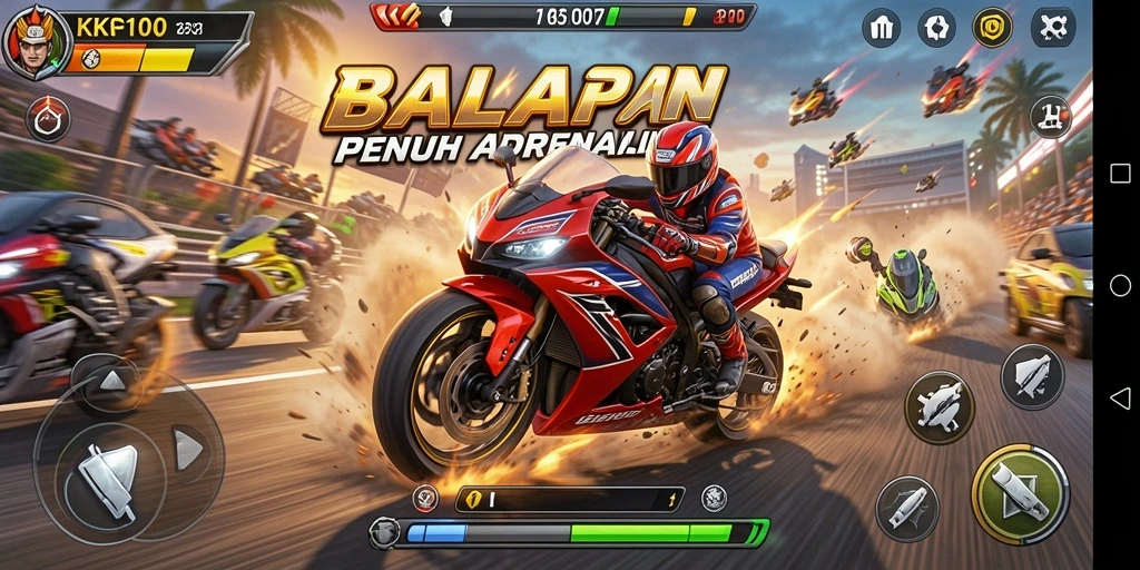 Screenshot gameplay KPK100 menampilkan balapan motor yang mendebarkan.