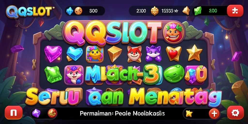 Tampilan gameplay QQSLOT dengan kombinasi objek Match-3 yang berwarna-warni.