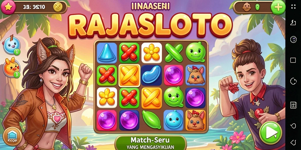 Tampilan seru gameplay RAJASLOTO Match-3 dengan grafis cerah.