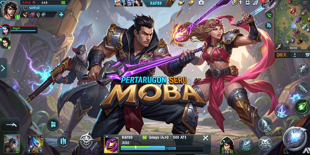Screenshot gameplay RAP89 penuh aksi dalam pertarungan MOBA.
