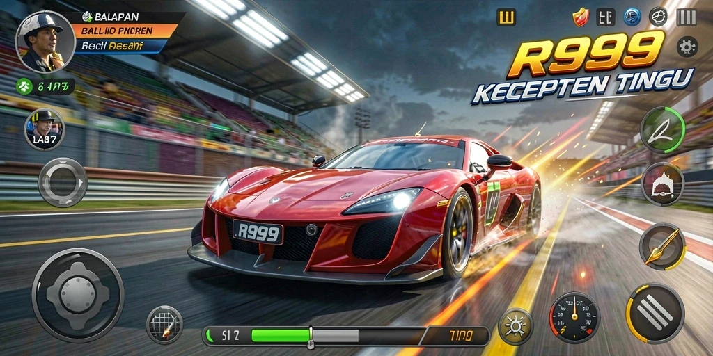 Screenshot gameplay RR999 menampilkan aksi balapan yang mendebarkan.