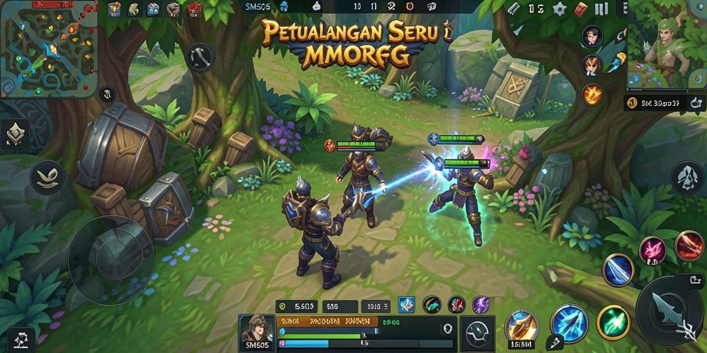 Tangkapan layar SM605 menampilkan karakter berkumpul dalam pertempuran epik di dunia MMORPG.