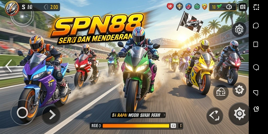 Tampilan gameplay seru dalam balapan motor SPN88 yang mendebarkan.