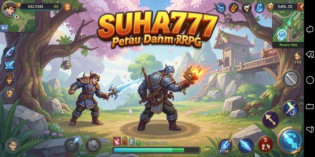 Screenshot utama SUHU777 menampilkan pertarungan epik dalam dunia RPG.